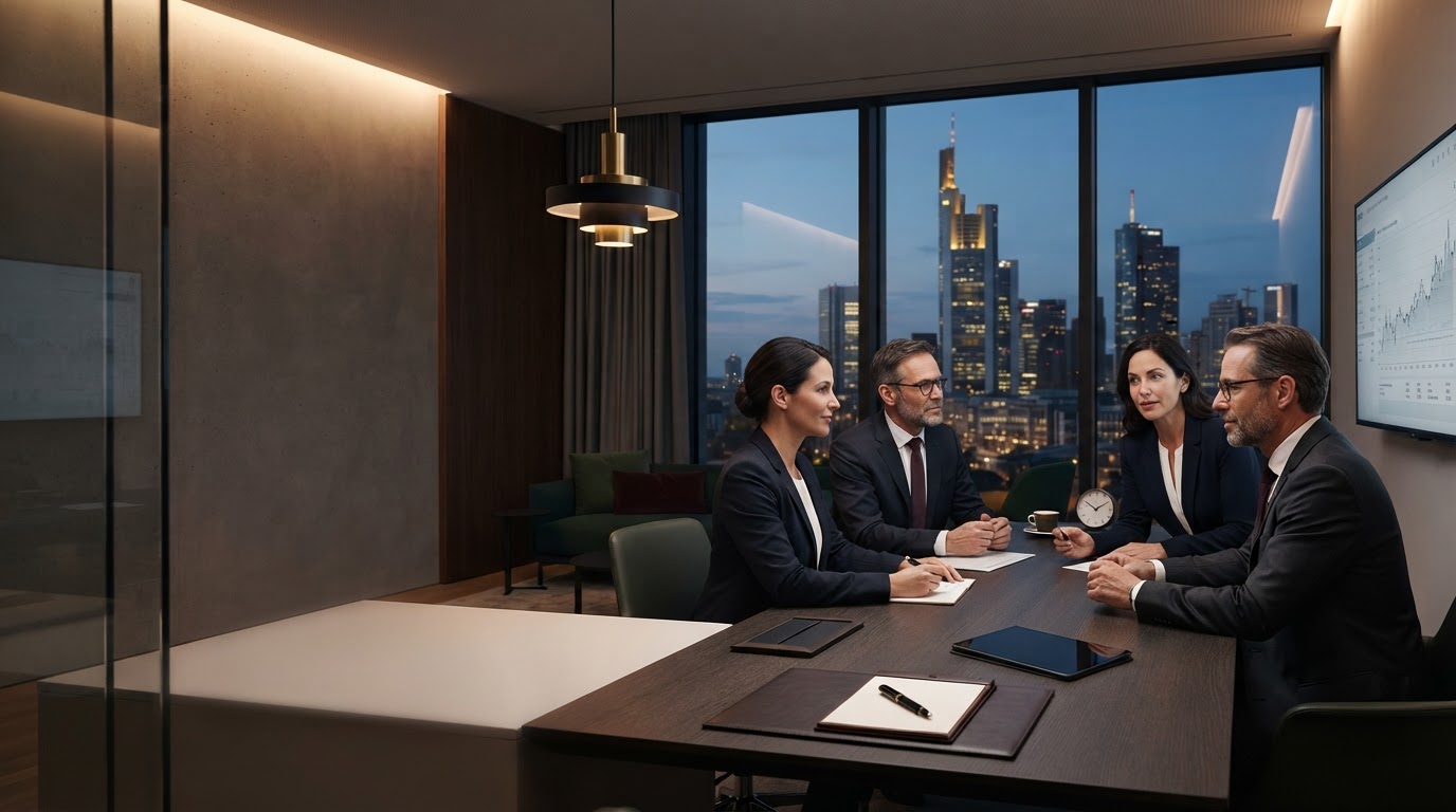 LumoFin minimalistischer Arbeitsplatz mit Blick auf eine globale Skyline